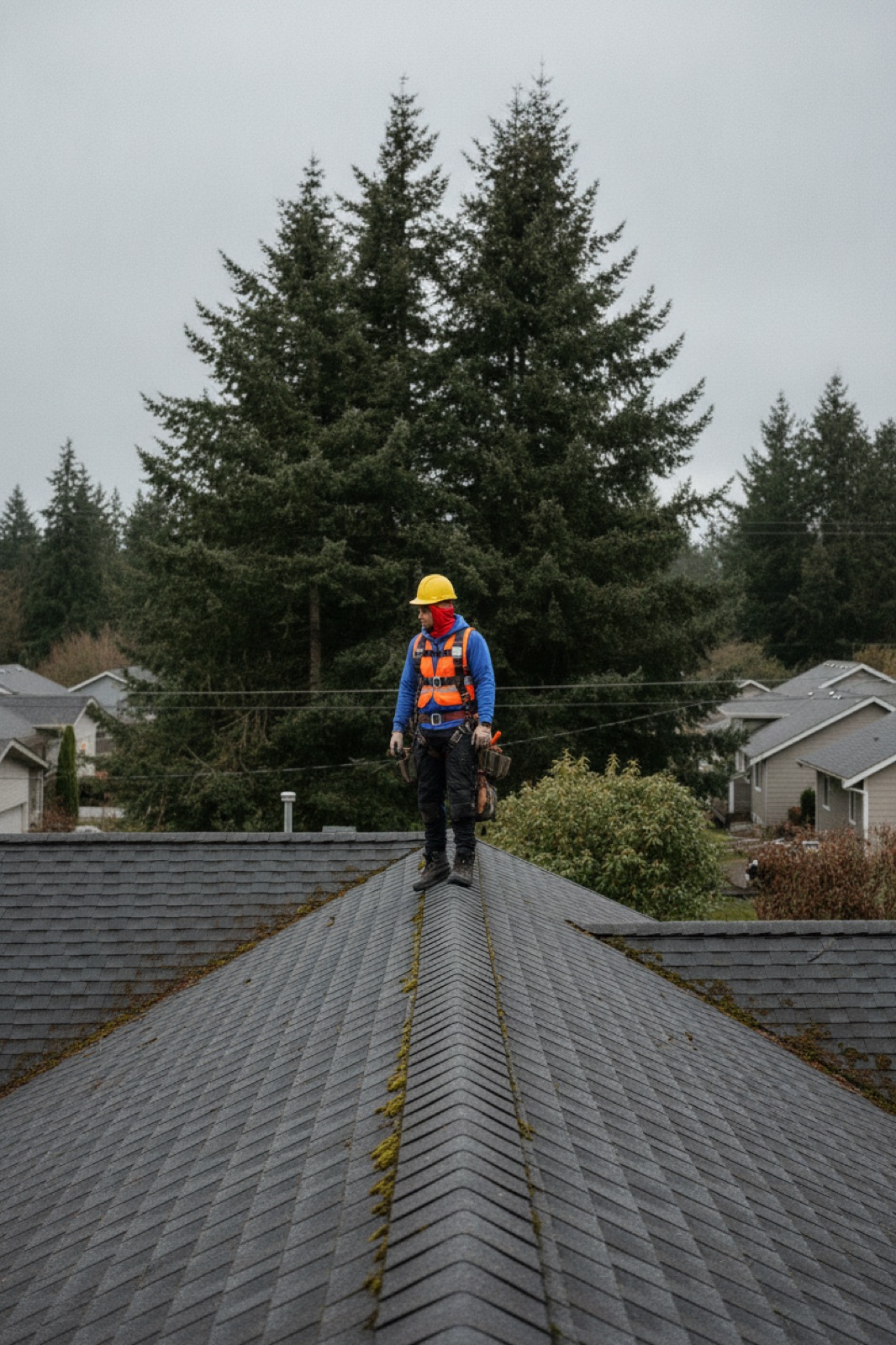 Professional roofer inspecting an asphalt shingle roof on a Vancouver, Washington home under an overcast Pacific Northwest sky with Douglas firs in the background