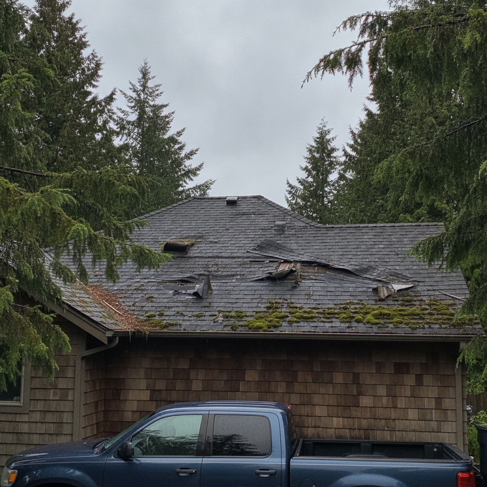 Lifted shingles and moss growth on a Southwest Washington residential roof after a wind event, overcast PNW sky overhead