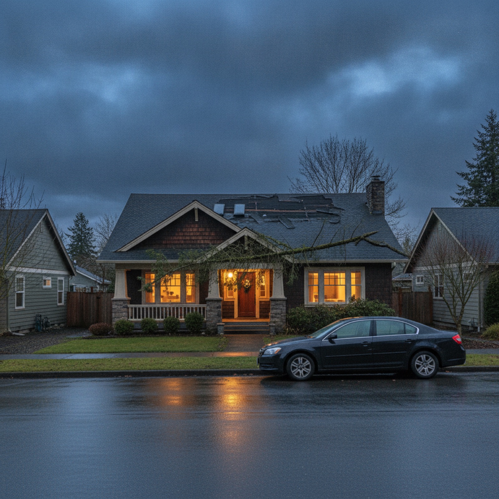 Storm-damaged asphalt shingle roof on a craftsman home in Vancouver WA, showing lifted shingles and a fallen Douglas fir branch under an overcast PNW sky