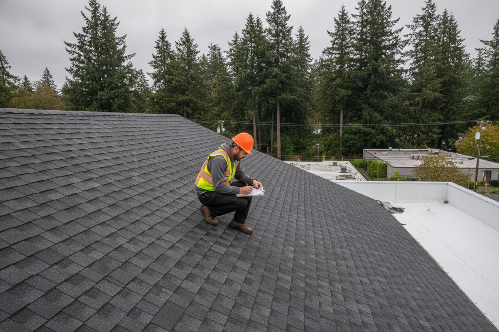 Licensed roofer reviewing permit paperwork on an asphalt shingle rooftop in Vancouver WA under an overcast PNW sky
