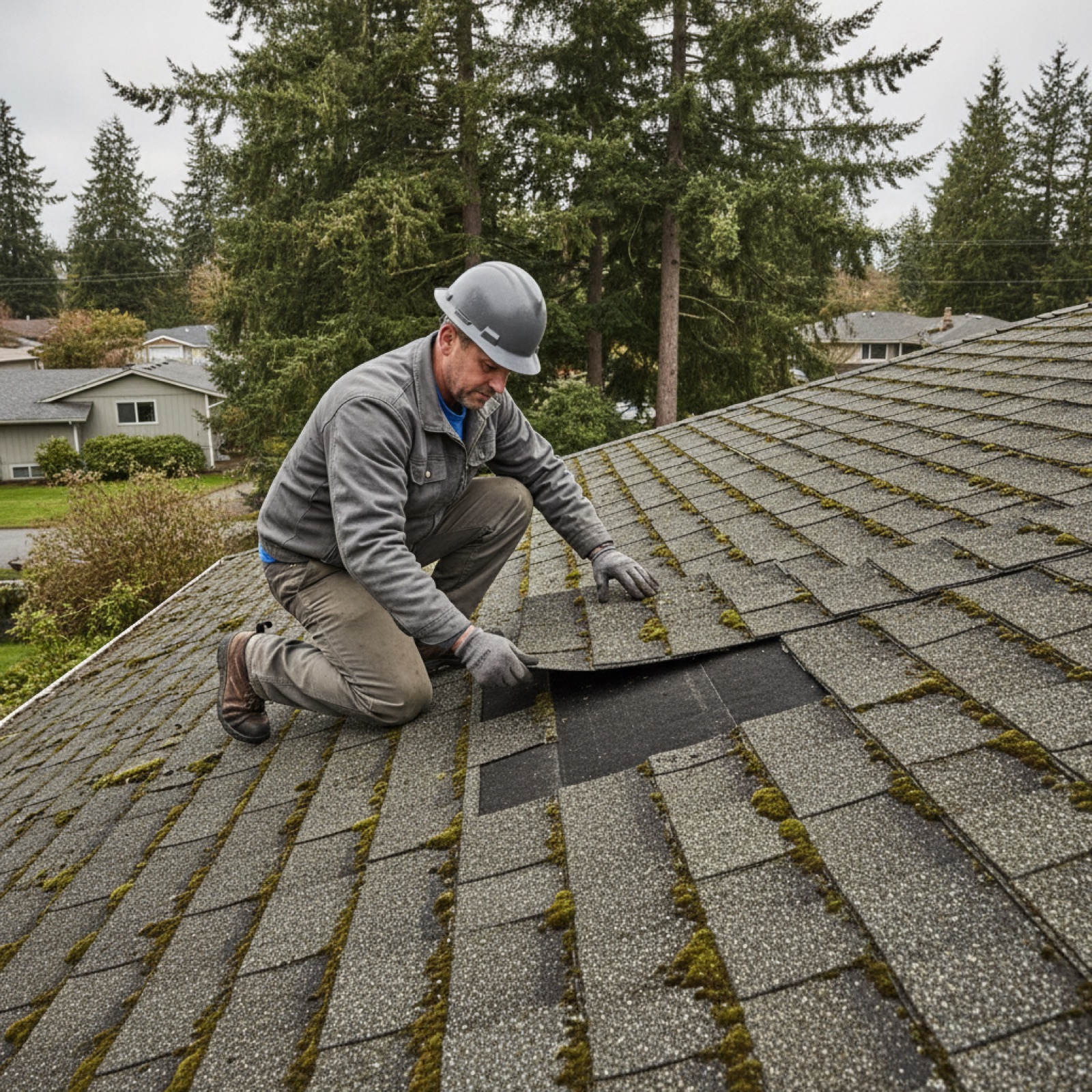 Roofing contractor inspecting moss-covered asphalt shingles on a Vancouver WA home's north-facing slope under an overcast Pacific Northwest sky