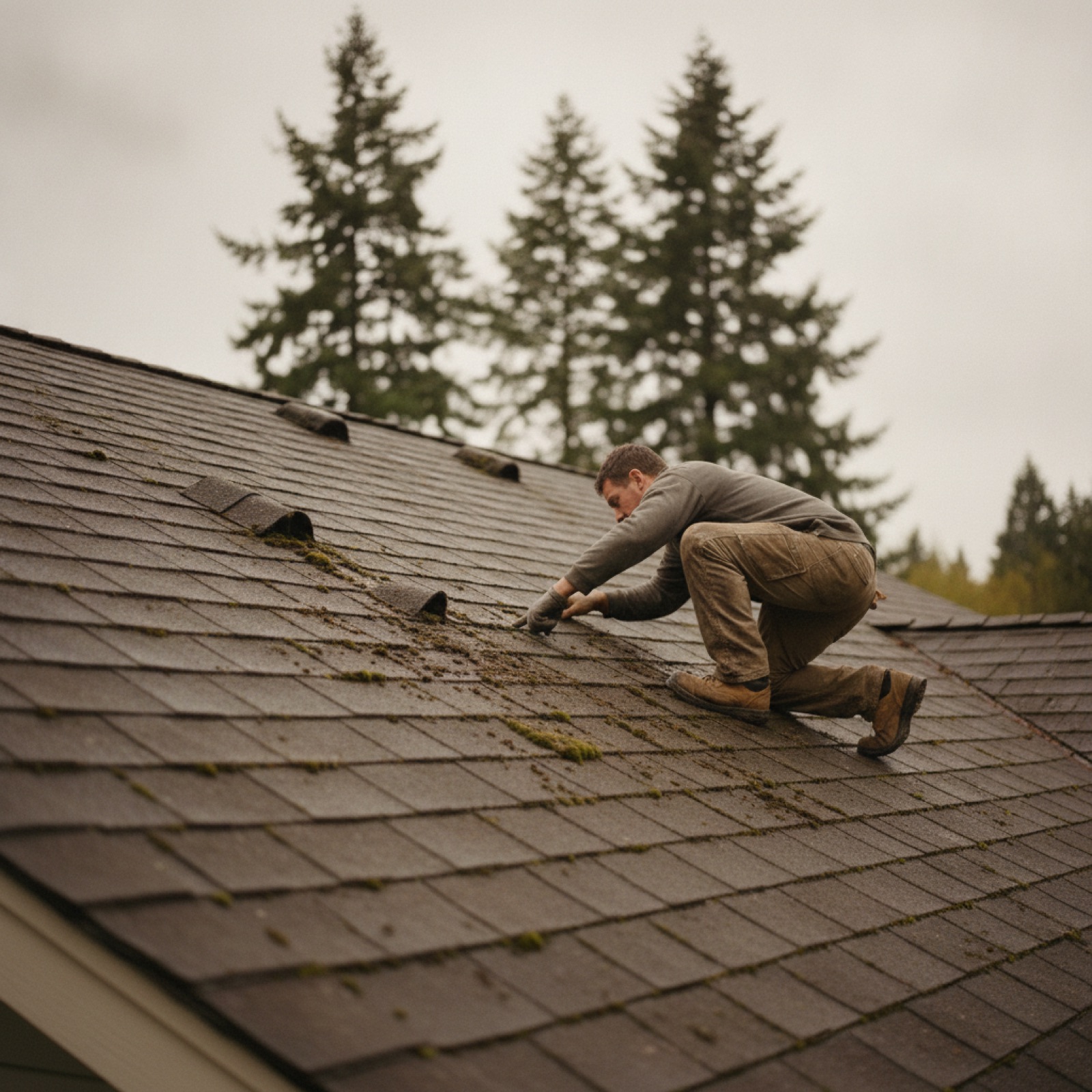 Roofer inspecting moss-covered and granule-depleted composition shingles on a 1980s Southwest Washington home under overcast skies