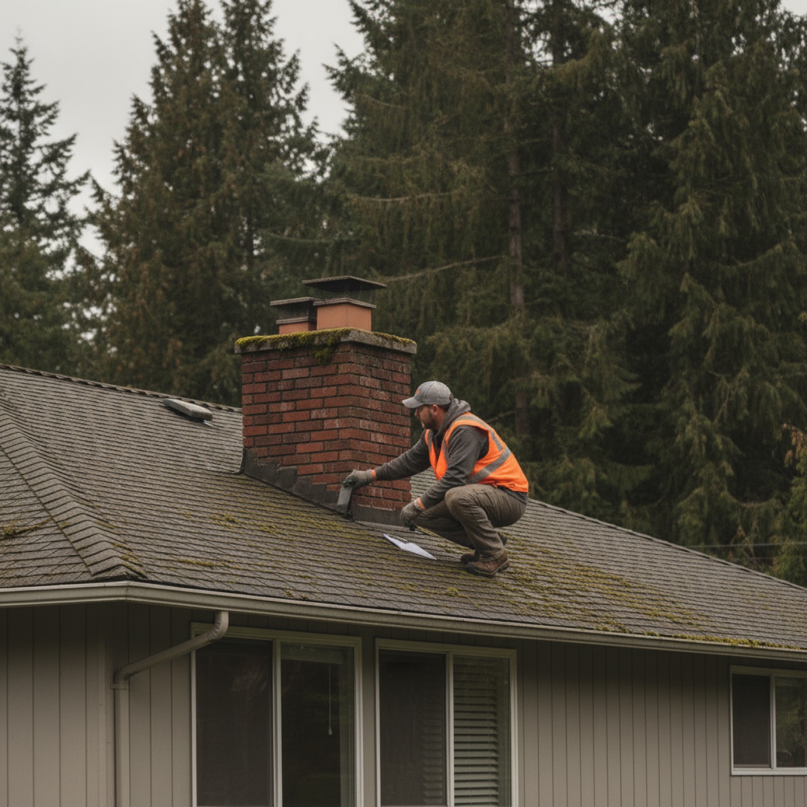 Roofing inspector examining step flashing near a brick chimney on a moss-patched asphalt shingle roof in Vancouver WA on an overcast day