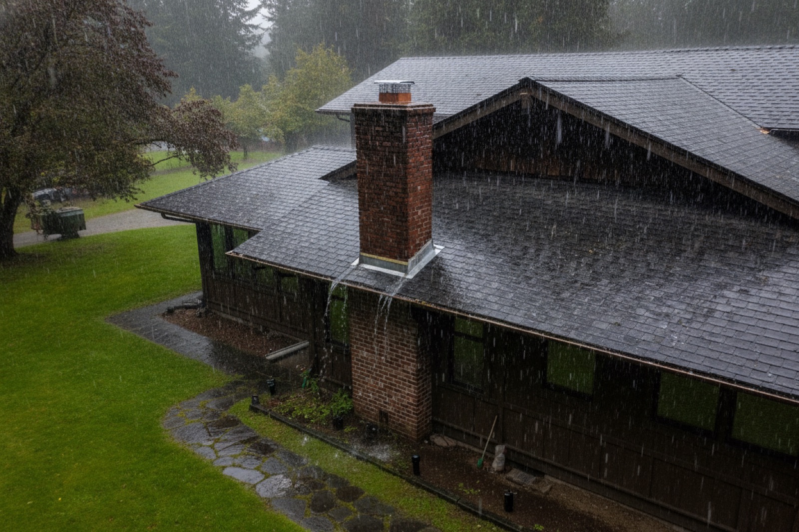 Heavy rain falling on the asphalt shingle roof of a Vancouver WA craftsman home, water streaming past the brick chimney