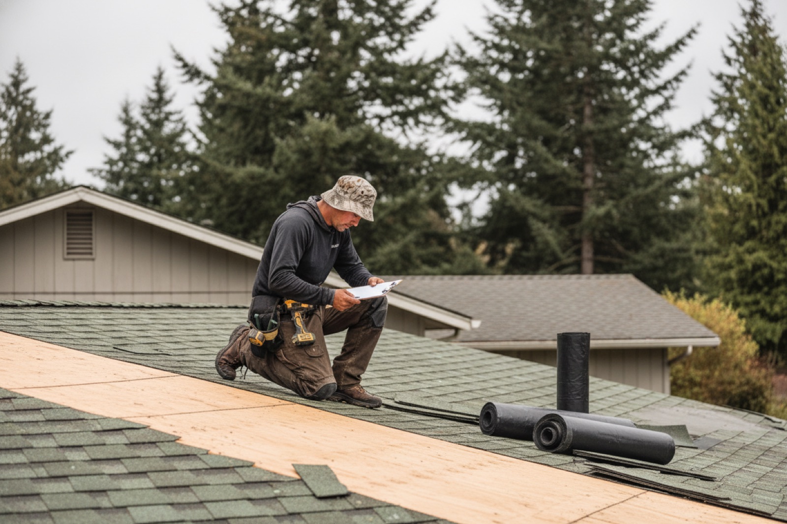 Roofing contractor reviewing an estimate on a partially torn-off residential roof in Vancouver Washington under overcast skies