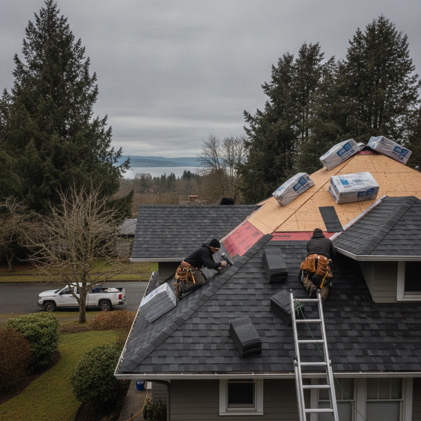 Roofing crew installing new architectural shingles on a 1940s craftsman bungalow in Longview Washington under an overcast winter sky with the Columbia River in the background