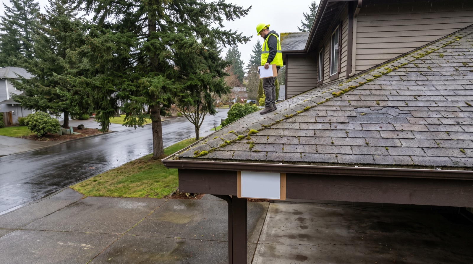 Roofer reviewing a Clark County permit on a weathered composition shingle roof in Vancouver, WA under an overcast Pacific Northwest sky