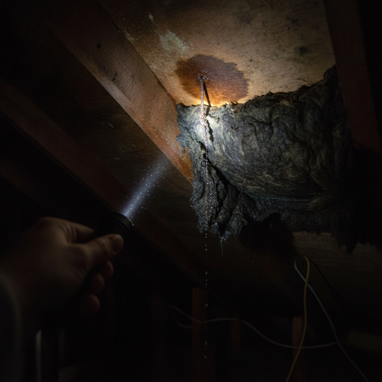Flashlight beam in a dark attic revealing a water trail running down a rafter to wet insulation
